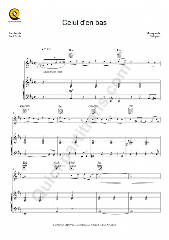 Partition piano Celui d'en bas (Edit) - Calogero