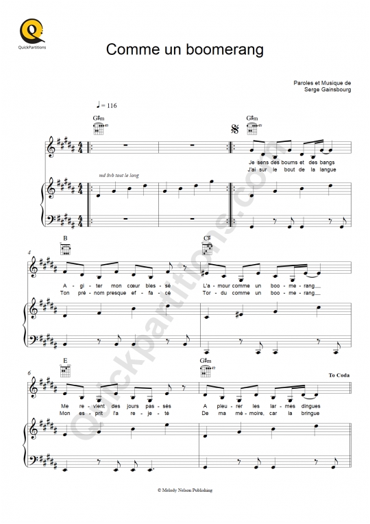 Partition piano Comme un boomerang - Etienne Daho
