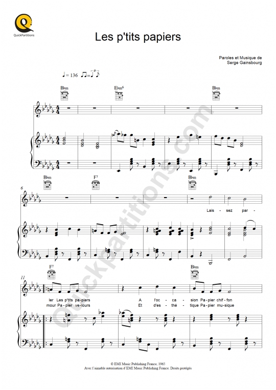 Partition piano Les p'tits papiers - Régine