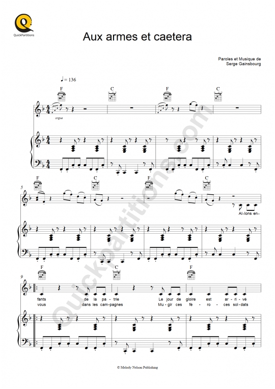 Partition piano Aux armes et caetera - Serge Gainsbourg