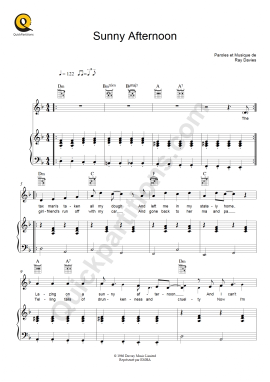 Partition piano Sunny Afternoon - The Kinks
