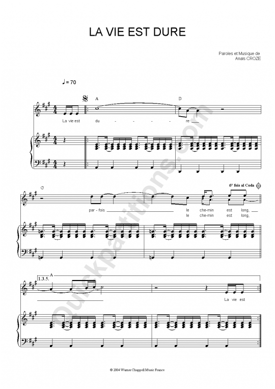 La Vie Est Dure Piano Sheet Music - Anais
