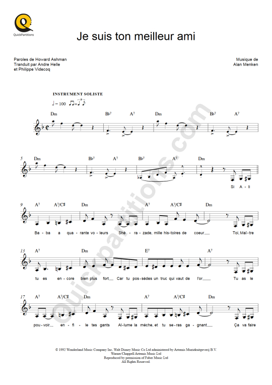 Partition pour Instruments Solistes Je suis ton meilleur ami - Aladdin