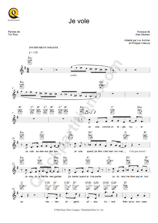 Partition pour Instruments Solistes Je vole - Aladdin