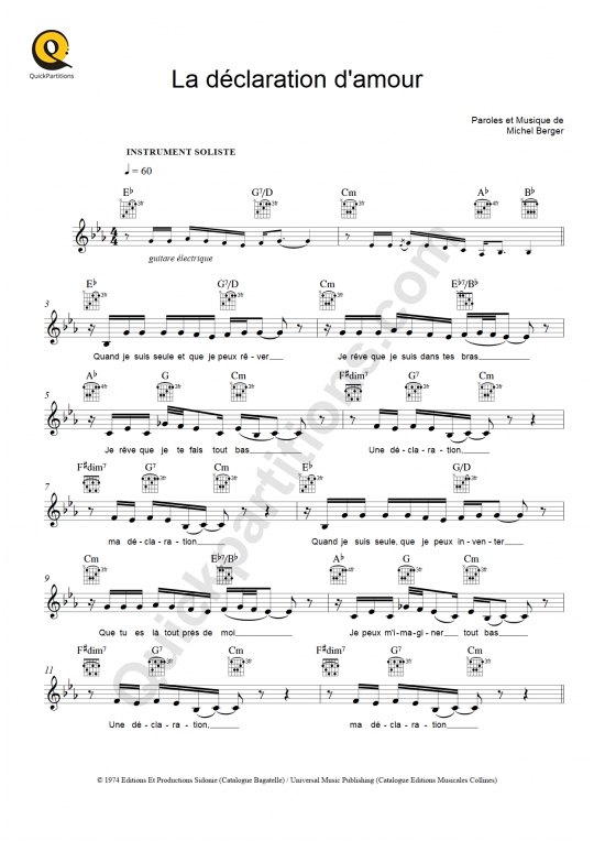 Partition pour Instruments Solistes La déclaration d'amour - France Gall