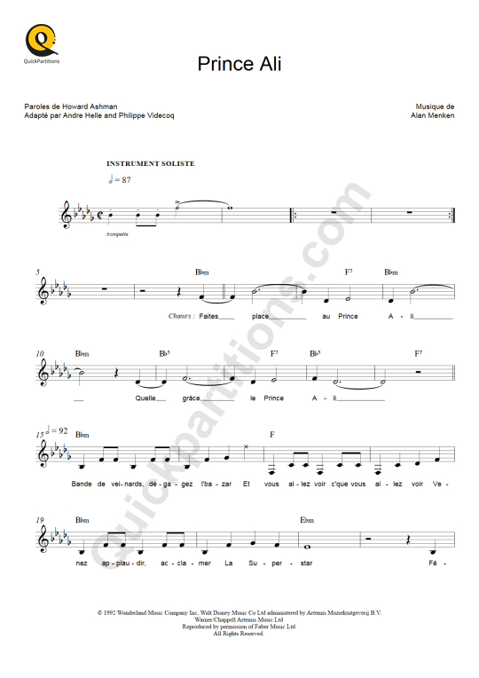 Partition pour Instruments Solistes Prince Ali - Aladdin