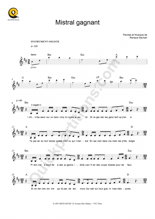 Partition pour Instruments Solistes Mistral Gagnant - Renaud