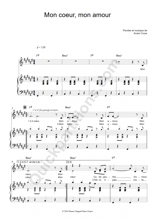 Mon coeur, mon amour Piano Sheet Music - Anais (Digital Sheet Music)