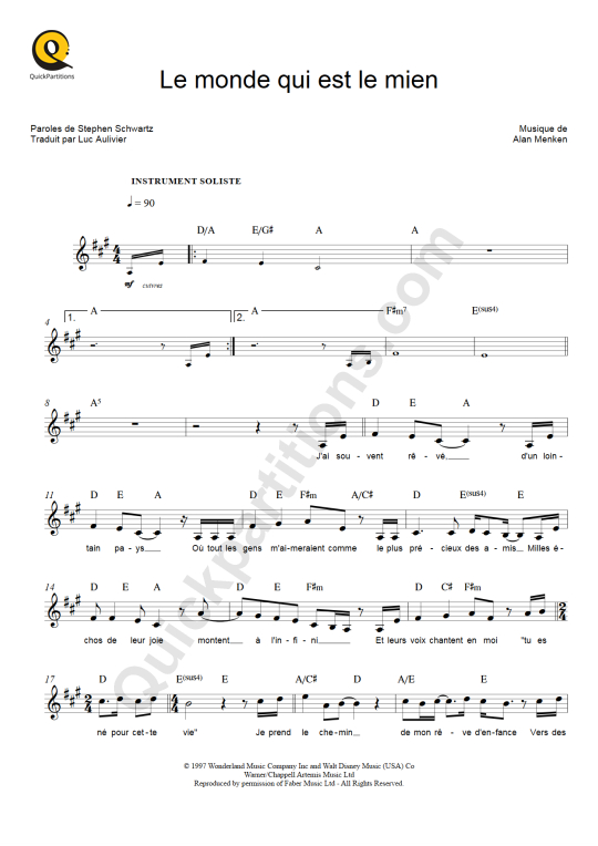 Le monde qui est le mien Leadsheet Sheet Music - Hercule