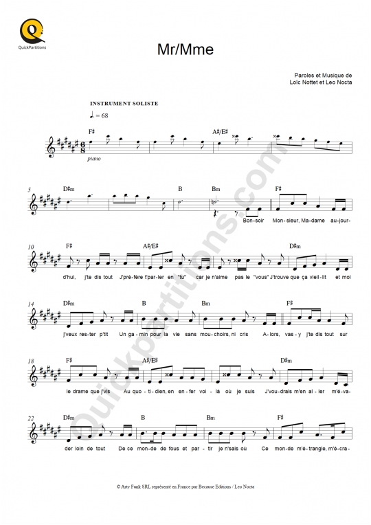 Mr/Mme Leadsheet Sheet Music - Loïc Nottet