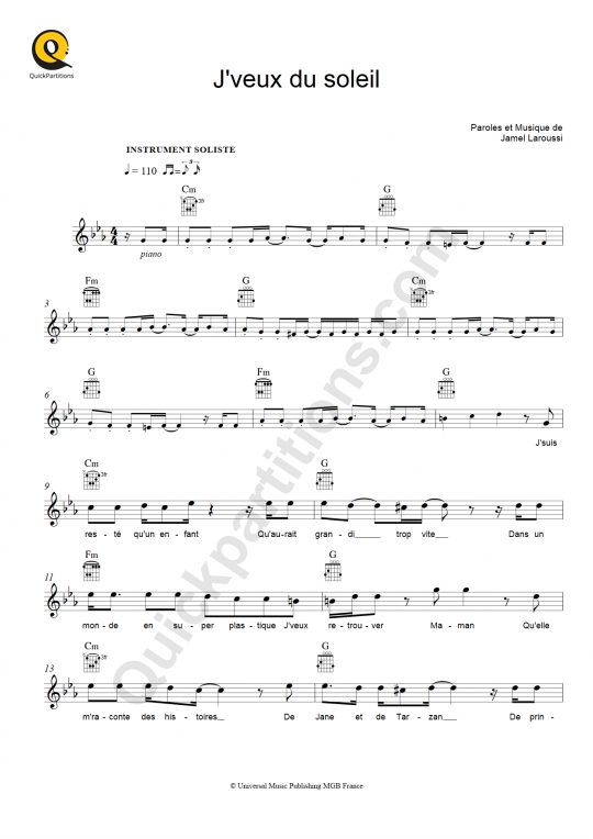 Partition pour Instruments Solistes J'veux du soleil - Au p'tit Bonheur