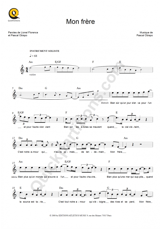 Partition pour Instruments Solistes Mon frère - Les Dix Commandements