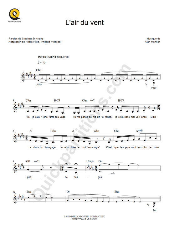 Partition pour Instruments Solistes L'air du vent - Pocahontas