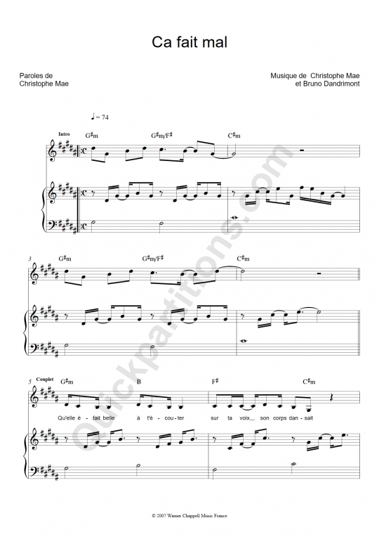 Partition piano Ca fait mal - Christophe Maé