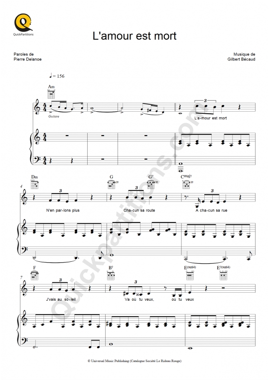 L'amour est mort Piano Sheet Music - Gilbert Bécaud
