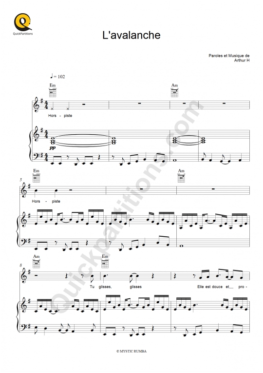 L'avalanche Piano Sheet Music - Arthur H