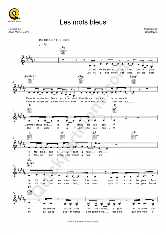Partition pour Instruments Solistes Les mots bleus - Christophe