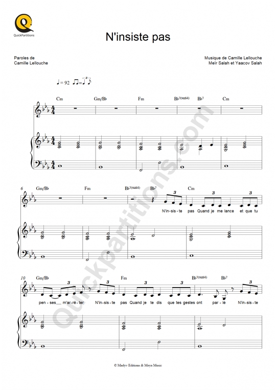 Partition piano N'insiste pas - Camille Lellouche