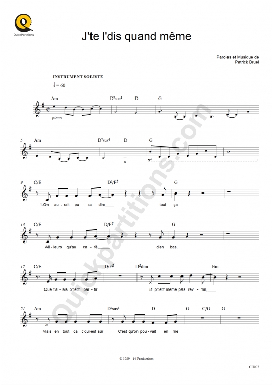 J'te l'dis quand même Leadsheet Sheet Music - Patrick Bruel