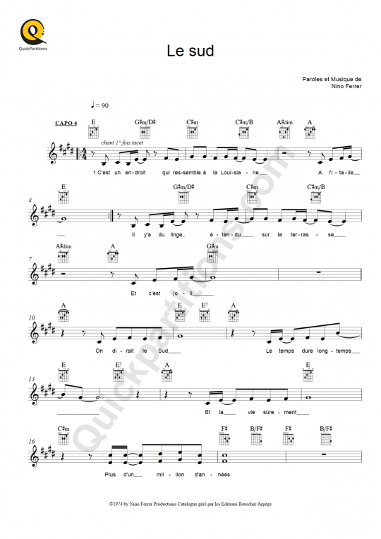 Partition pour Instruments Solistes Le Sud - Nino Ferrer