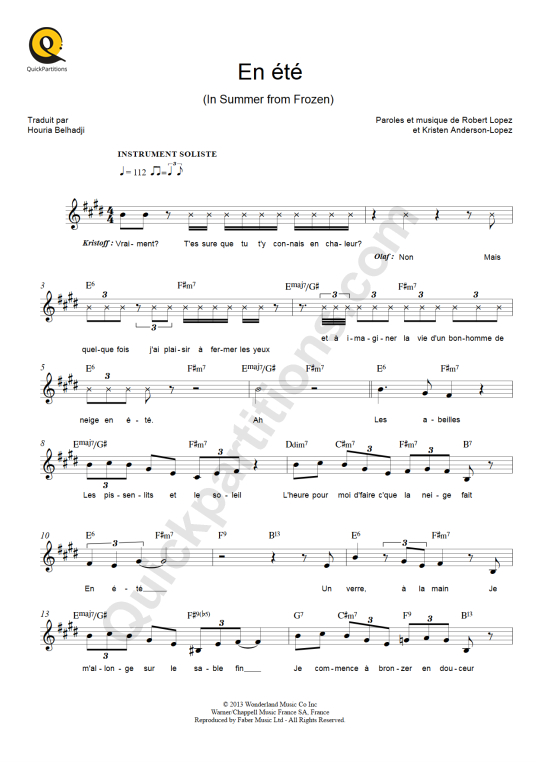 En été Leadsheet Sheet Music - La Reine des neiges
