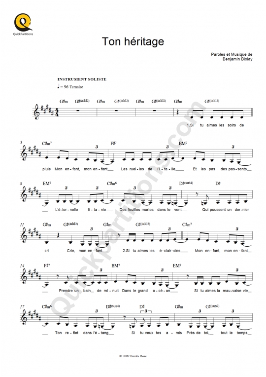 Ton héritage Leadsheet Sheet Music - Benjamin Biolay
