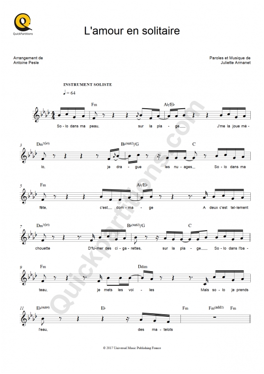 Partition pour Instruments Solistes L'amour en solitaire - Juliette Armanet
