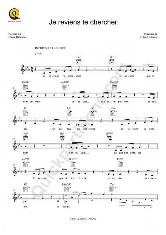 Partition pour Instruments Solistes Je reviens te chercher - Gilbert Bécaud