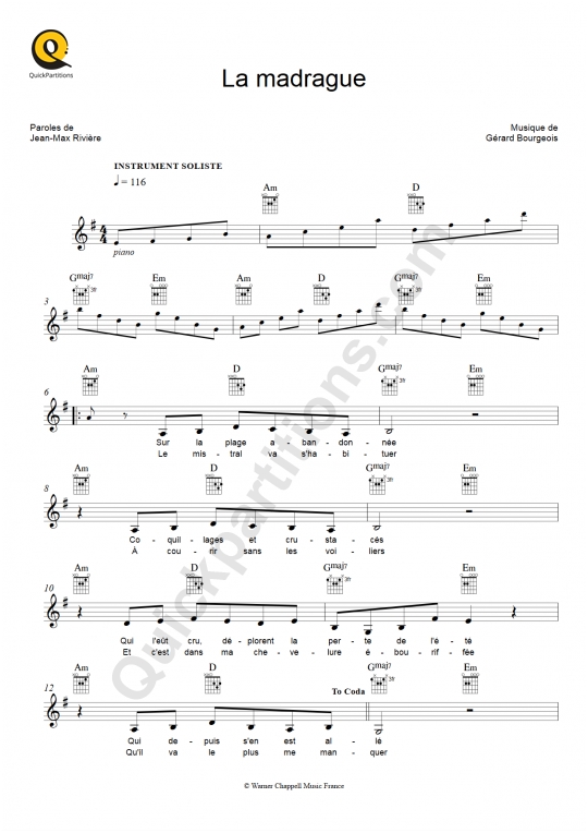 Partition pour Instruments Solistes La madrague - Brigitte Bardot