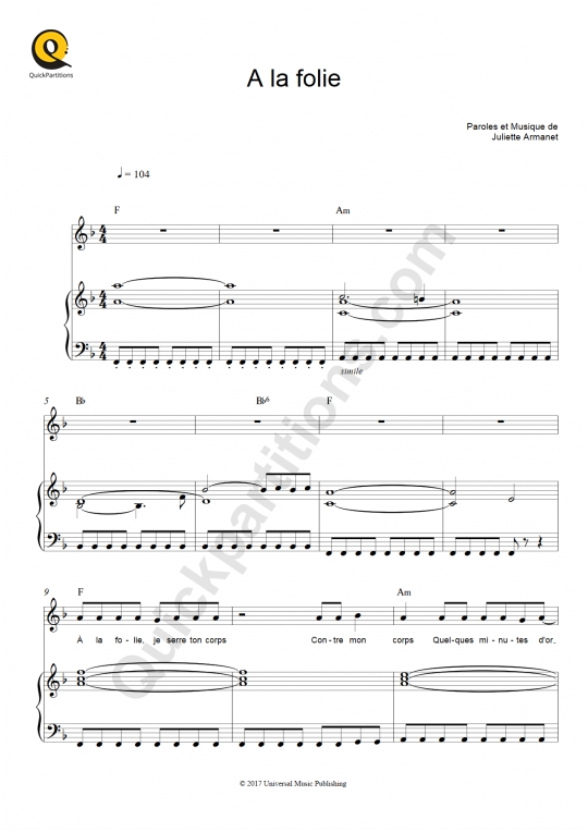 A la folie Piano Sheet Music - Juliette Armanet