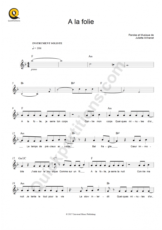 A la folie Leadsheet Sheet Music - Juliette Armanet