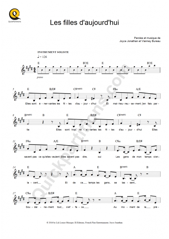 Les filles d'aujourd'hui Leadsheet Sheet Music - Joyce Jonathan