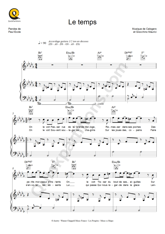 Partition piano Le temps - Calogero