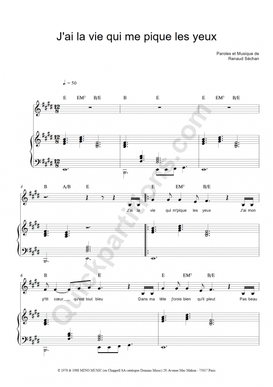 Partition piano J'ai la vie qui me pique les yeux - Renaud
