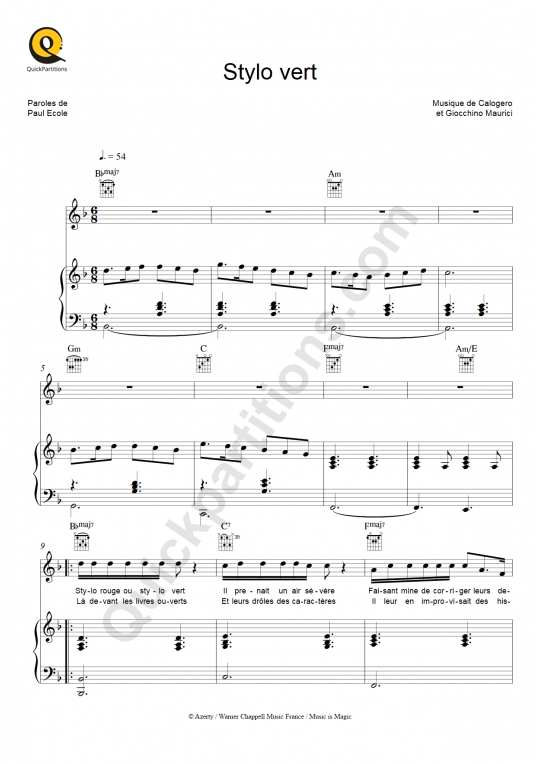 Stylo vert Piano Sheet Music - Calogero