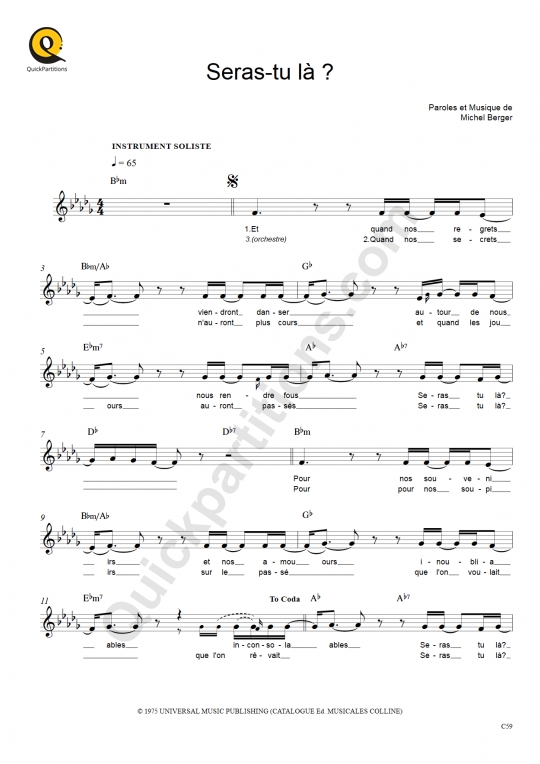Seras-tu là ? Leadsheet Sheet Music - Michel Berger