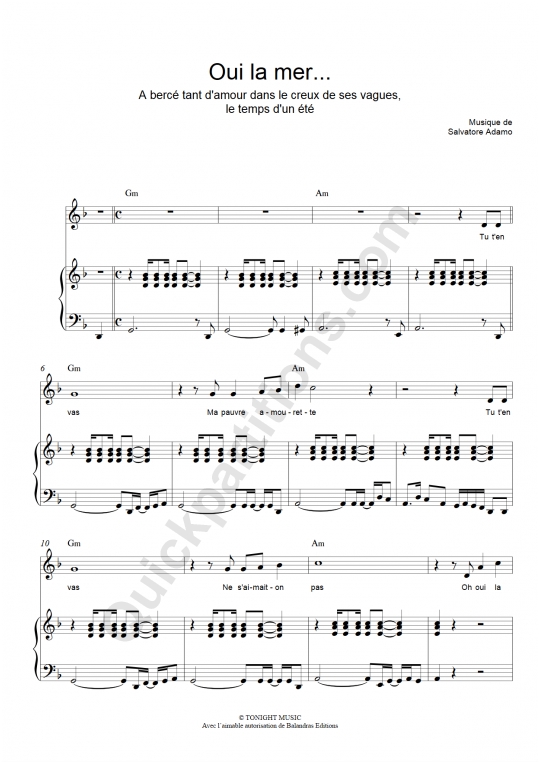 Oui la mer... Piano Sheet Music - Salvatore Adamo