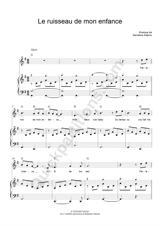 Le ruisseau de mon enfance Piano Sheet Music - Salvatore Adamo