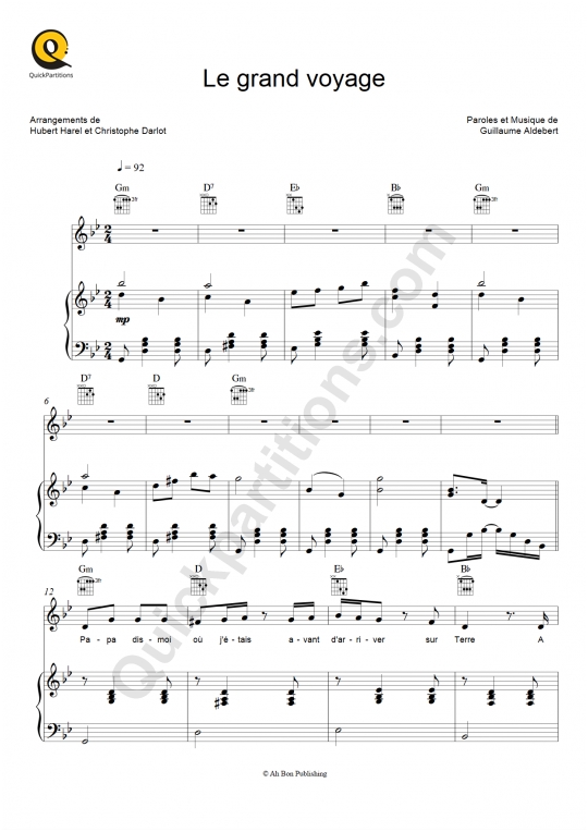 Le grand voyage Piano Sheet Music - Aldebert