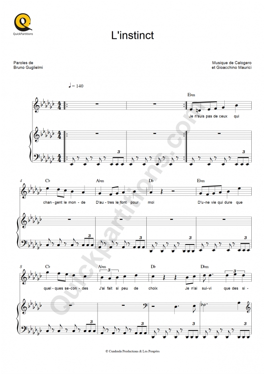 L'instinct Piano Sheet Music - Florent Pagny
