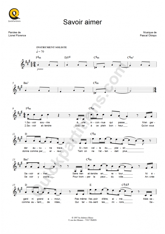 Savoir aimer Leadsheet Sheet Music - Florent Pagny