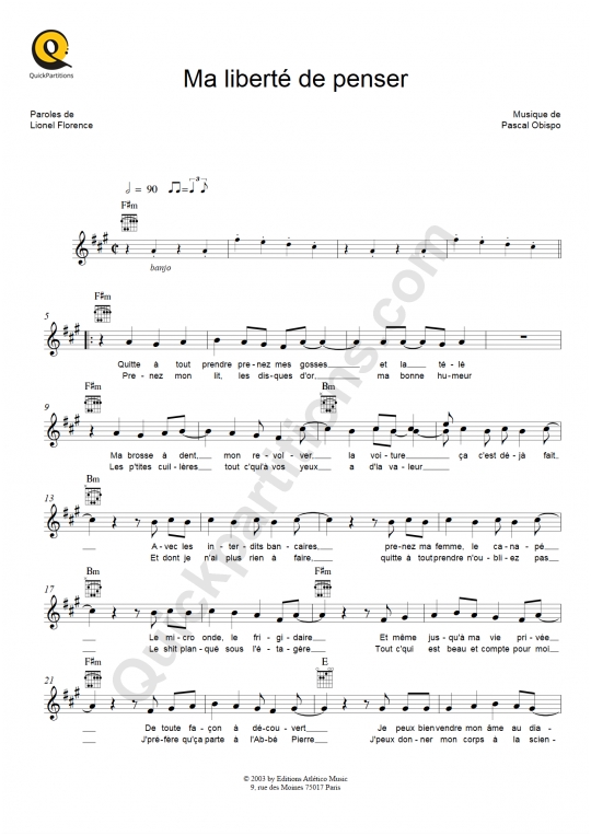 Ma liberté de penser Leadsheet Sheet Music - Florent Pagny