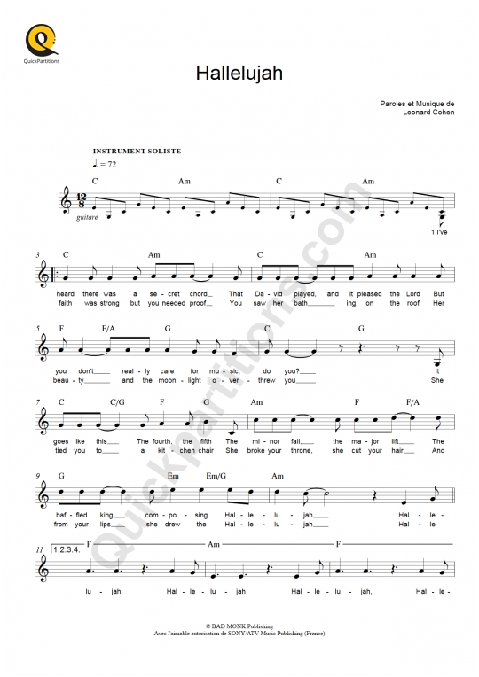 Partition pour Instruments Solistes Hallelujah - Rufus Wainwright