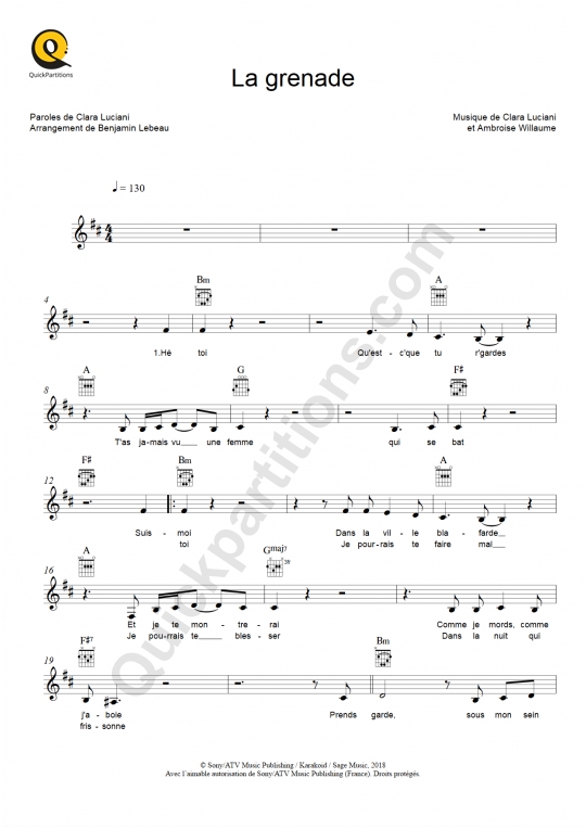 Partition pour Instruments Solistes La grenade - Clara Luciani