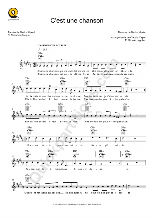 Partition pour Instruments Solistes C'est une chanson - Claudio Capéo