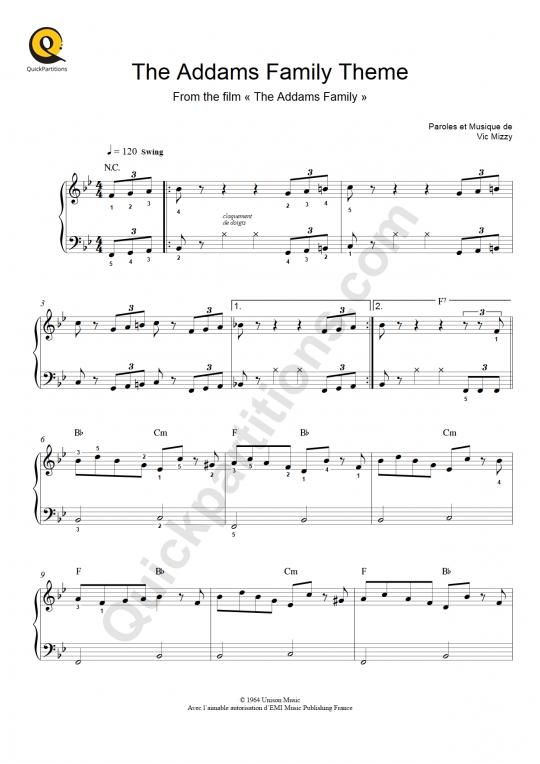 The Addams Family Theme (La famille Addams) Easy Piano Sheet Music - Vic Mizzy