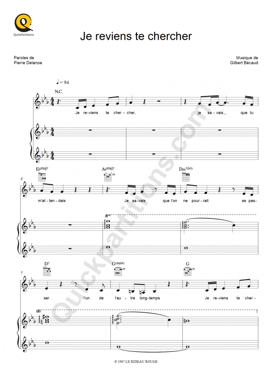 Partition piano Je reviens te chercher - Anne Sila