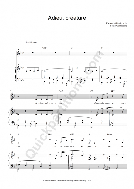 Partition piano Adieu créature - Serge Gainsbourg