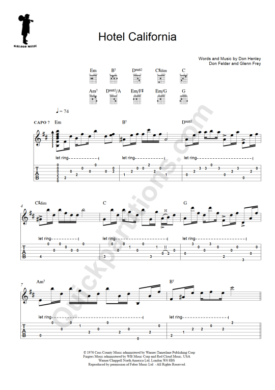 Tablature Guitare Hotel California - Galagomusic