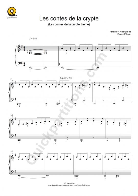Partition piano facile Les Contes de la Crypte (Thème) - Danny Elfman